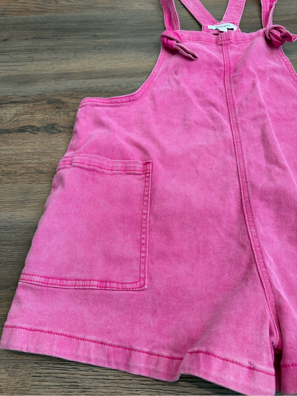 NWT Zenana Hot Pink Denim Overall Shorts Mineral Wash Knotted Straps Size Large - Picture 4 of 10